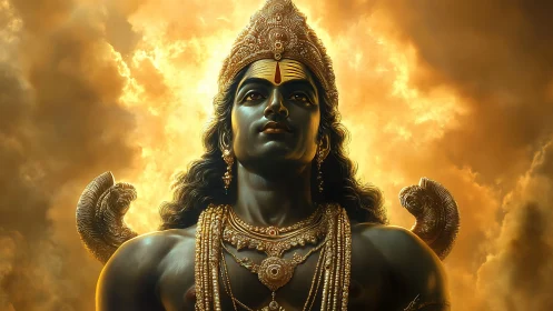 Divine warrior deity glows within molten golden clouds.