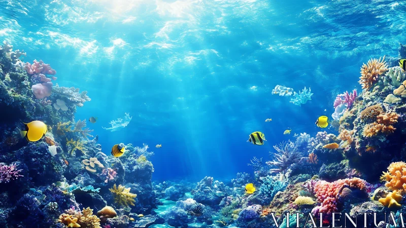 Sunlit coral reef teems with tropical fish in vivid colors.