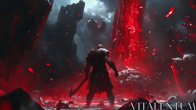 Armored warrior facing red crystalline pillars in chasm.