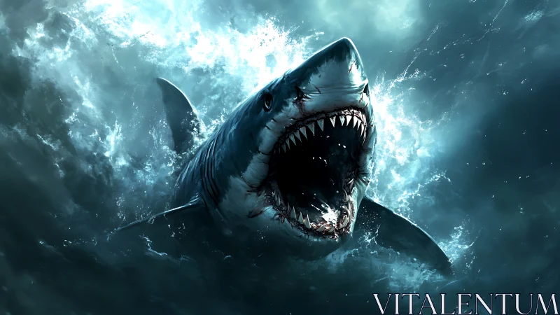 Digital painting of lunging shark amid fractured ocean spray.
