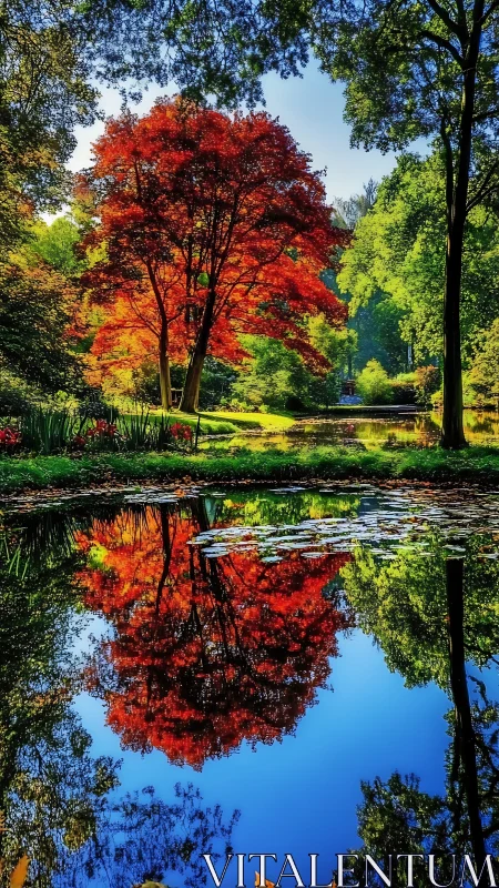 Fiery autumn maple reflects vividly across tranquil pond.