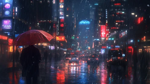 Lone figure under red umbrella in neon city rain at night.