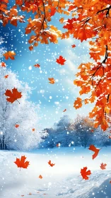 Digital seasonal crossover with falling maple foliage composition.