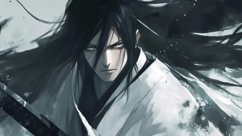 Stoic long haired swordsman in monochrome ink storm portrait