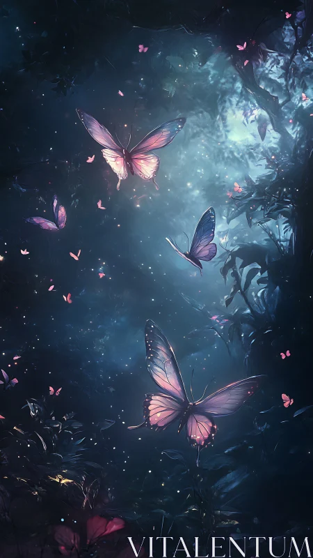Bioluminescent butterflies drift through volumetric moonlit forest air