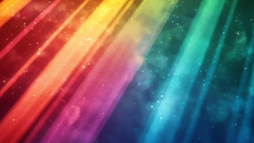 Vibrant rainbow light beams with glittery particles, abstract style.