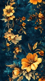 Golden and orange floral pattern on textured teal background.