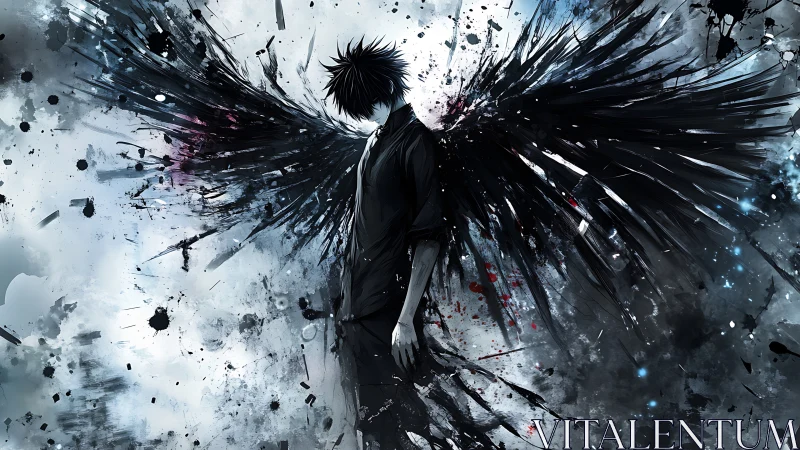 Winged humanoid figure in monochrome splatter composition.