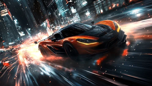 Hyperreal orange supercar cuts through neon-soaked city rain