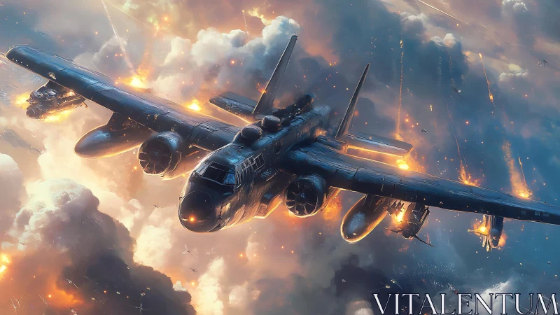 Twin‑engine strike bomber traversing incendiary cloud theater.