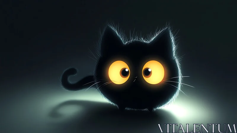 Glowing eyed black kitten in soft cinematic backlight.