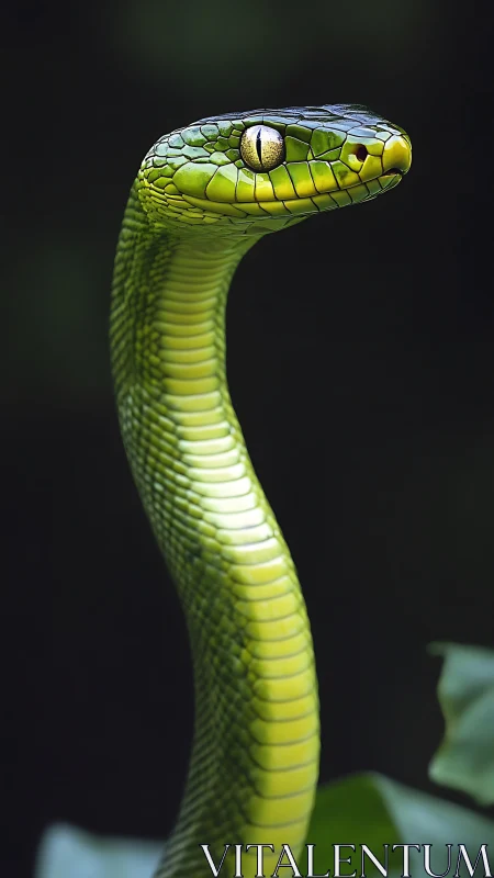 Emerald snake portrait with glossy scales against dusk background.