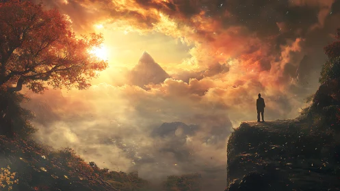 Solitary figure observing distant mountain amid cloudscape.