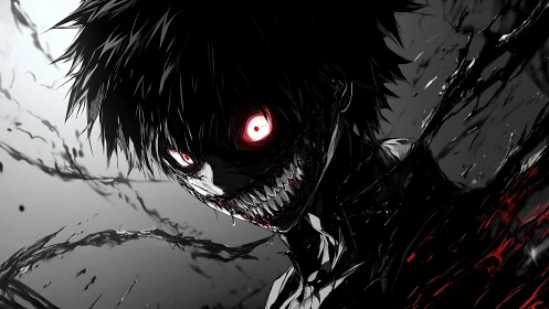 Grinning void-eyed fiend erupts from ink-slashed shadows