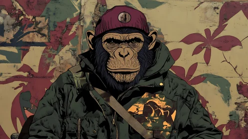 Streetwise chimpanzee wears jacket before weathered mural wall
