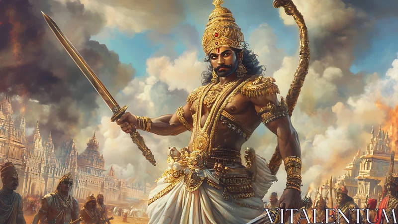 Golden warrior king dominates a mythic battlefield in flames