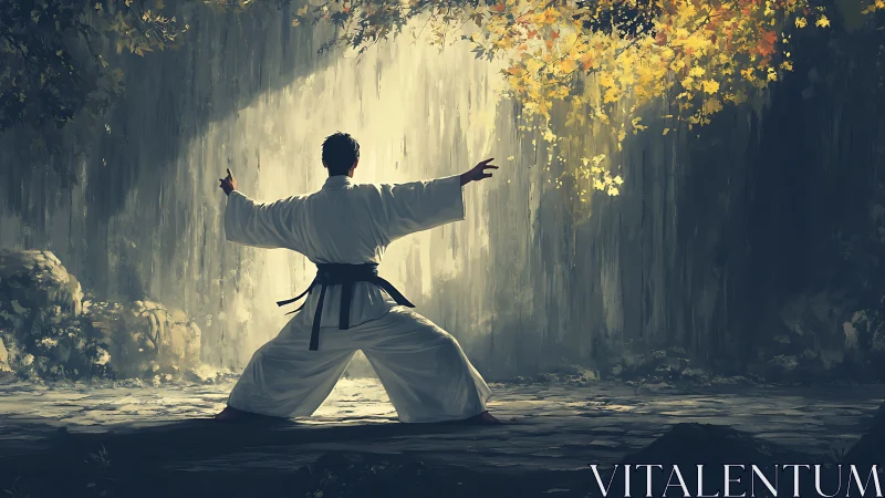 Karate practitioner in deep stance before illuminated waterfall