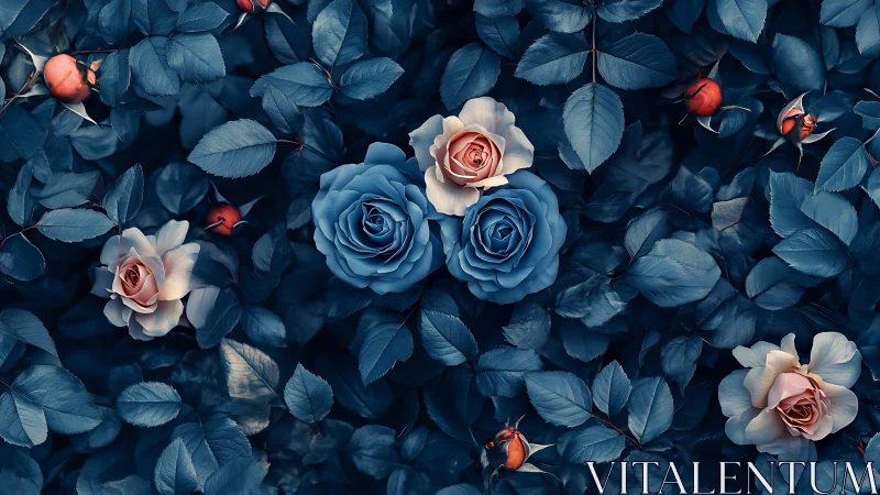 Botanical Chromatic Inversion: Blue Foliage with Cream-Coral Roses.