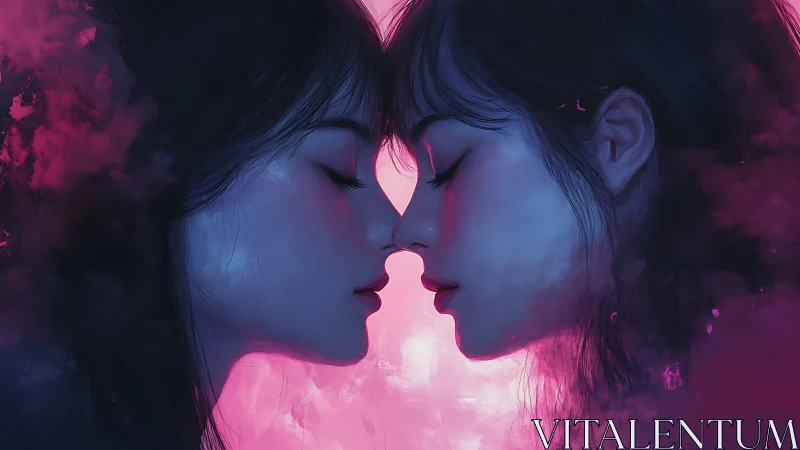 Two profiles merging with luminescent interplay of pink and blue tones.