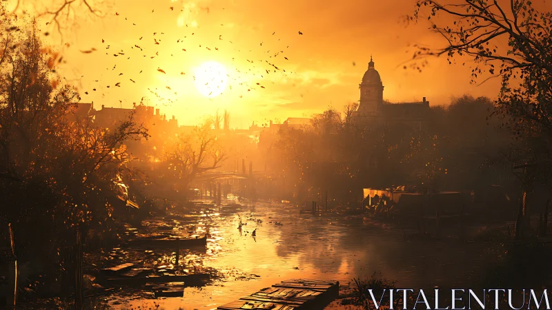 Golden river twilight over a quiet, timeworn town.