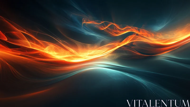 Abstract orange and blue light waves on dark gradient background.