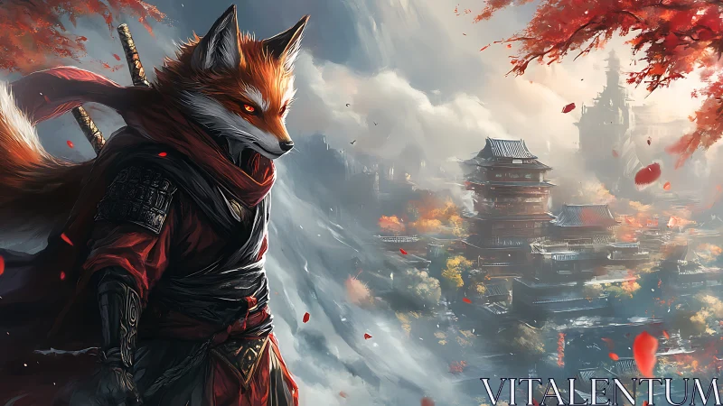 Fox-headed warrior stands before mist-covered tiered cityscape