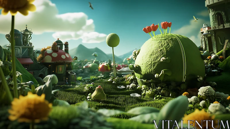 Whimsical 3D landscape with mushroom houses and flora.