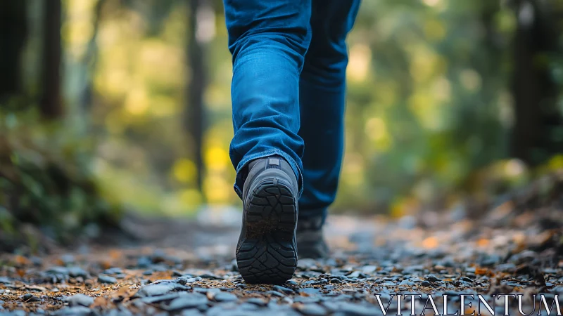 Hiking Boot on Forest Trail Path.