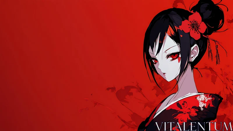 Red-eyed anime girl contrasts vivid crimson background.