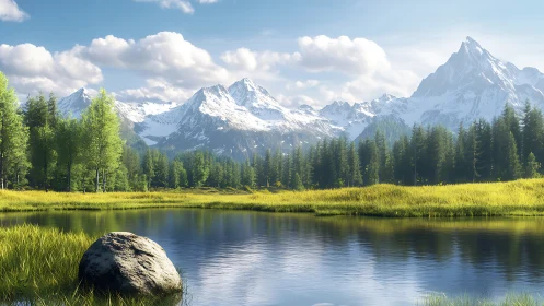 Snowy mountain range above forest lake in clear daylight.