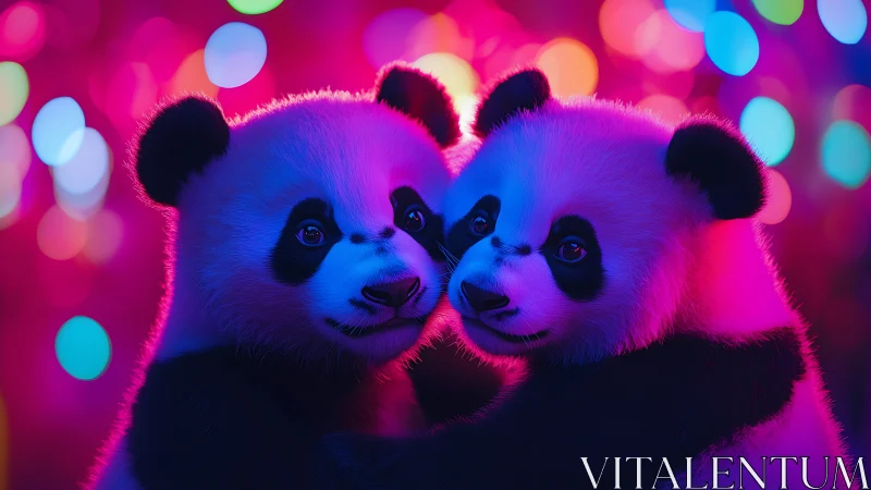 Twin baby pandas glow under neon bokeh lights at night