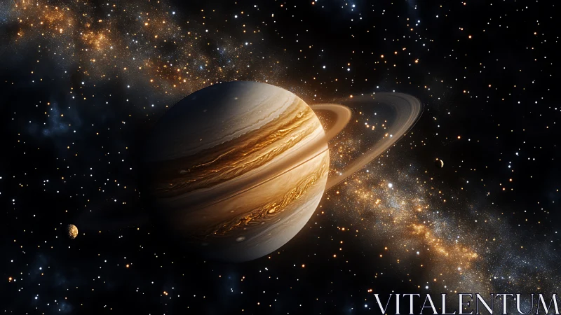 Gas giant with ring system in dense star field depiction.