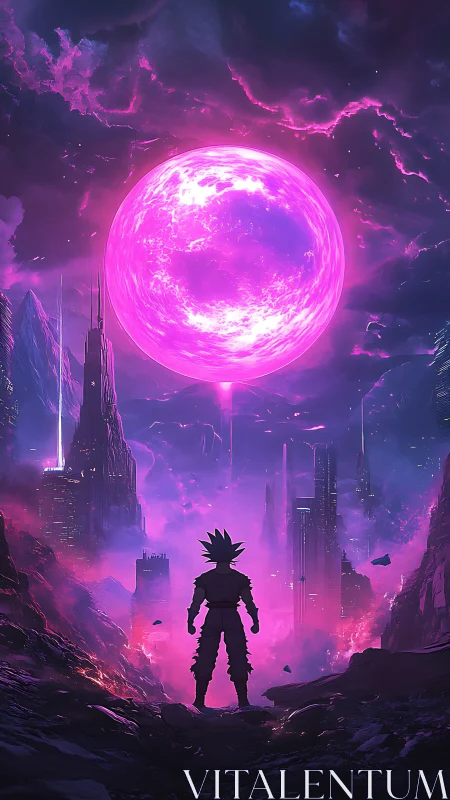 Anime silhouette under neon celestial core in dystopian skyline.