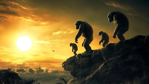 Silhouetted apes walk along rocky ridge at orange sunset