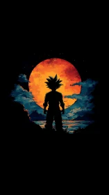 Silhouetted spiky haired figure before large orange sun.