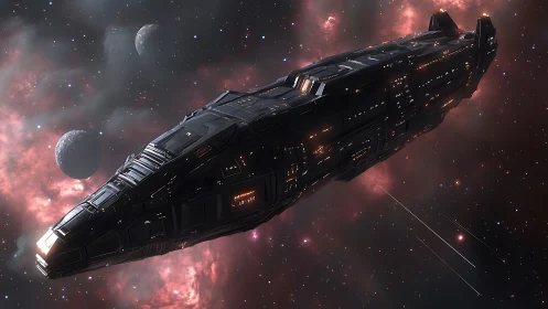 Large black spacecraft in deep space with nebula backdrop.