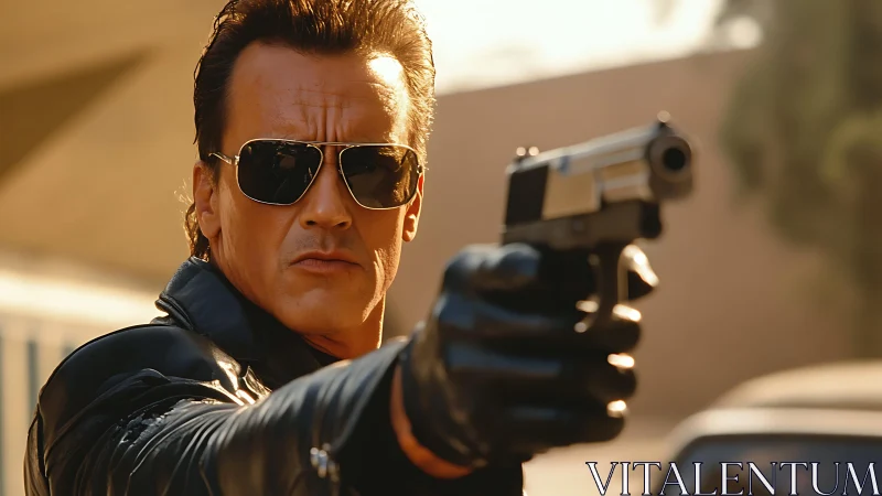 Stoic leather-clad protector holds his aim with calm focus.