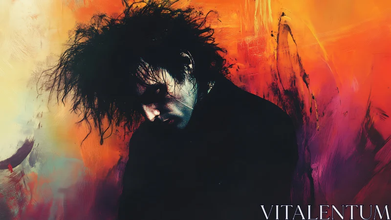 Melancholic figure against high-saturation abstract chromatic field