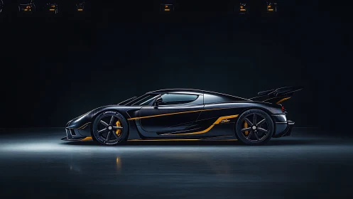 Carbon fiber hypercar profile with amber aerodynamic accents.