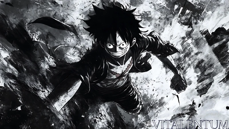 Intense monochrome anime fighter in forward motion.