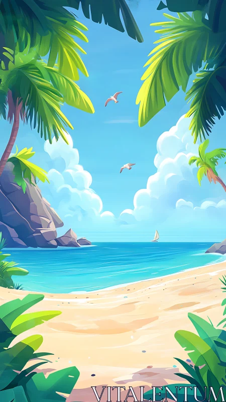 Tropical Beach Landscape with Palm Trees and Sailboat