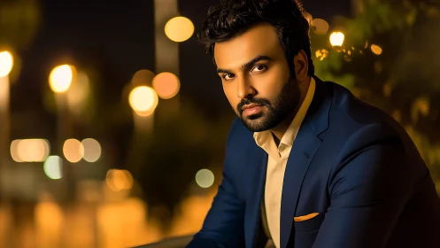 Man in blue suit under warm urban night bokeh lights.