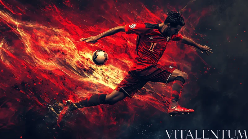 Soccer player in midair kick amid red abstract trails.