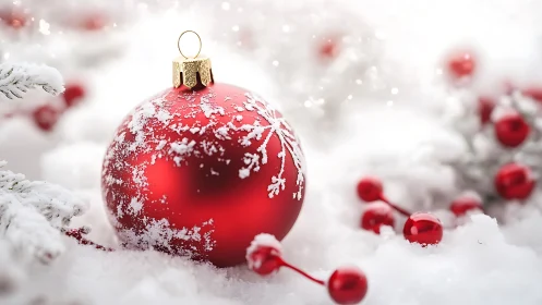Red bauble ornament on snow with frosted winter branches.