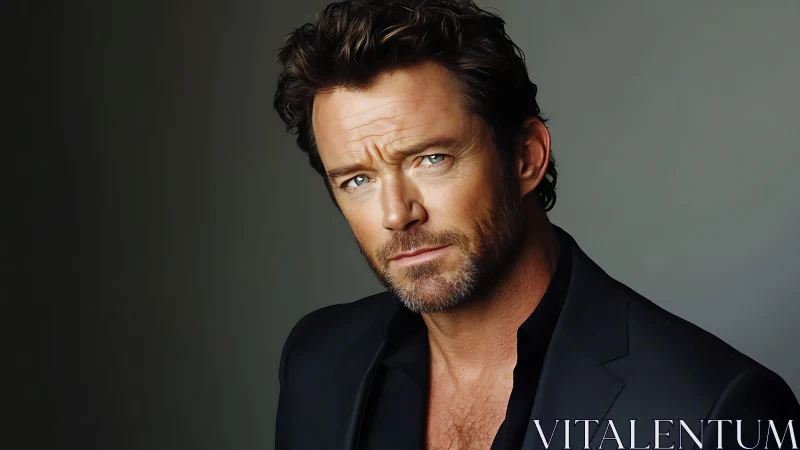 Photorealistic male portrait in dark tailored suit studio.