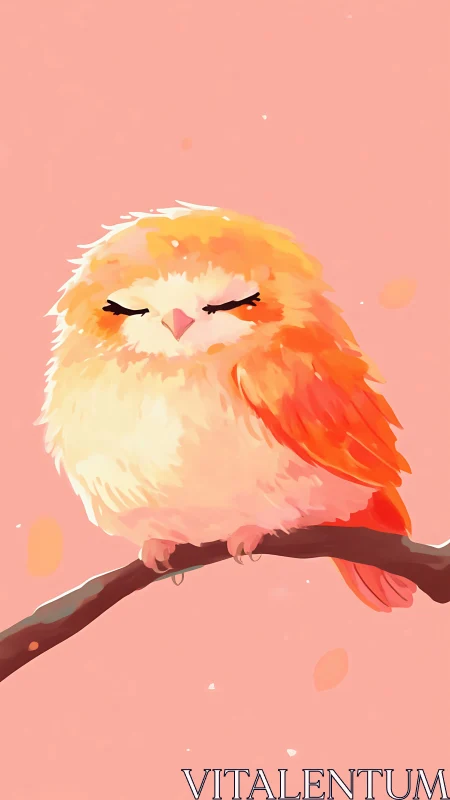 Small orange owl on branch against plain pink background.