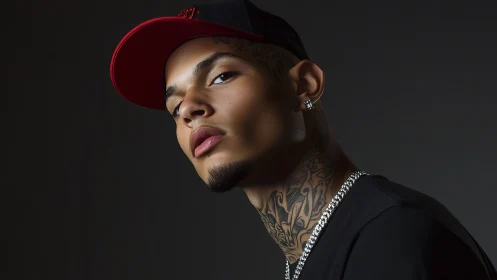 Confident tattooed portrait in a bold red and black cap.