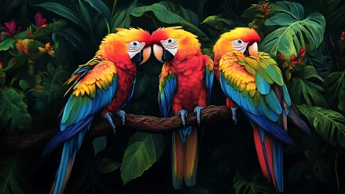 Three Vibrant Macaws Perched on Branch in Lush Jungle Art.