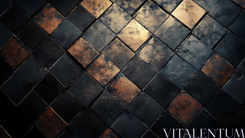 Metallic geometric tiles with golden patina highlights.