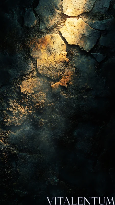 Textured cracked surface with warm light on dark ground.